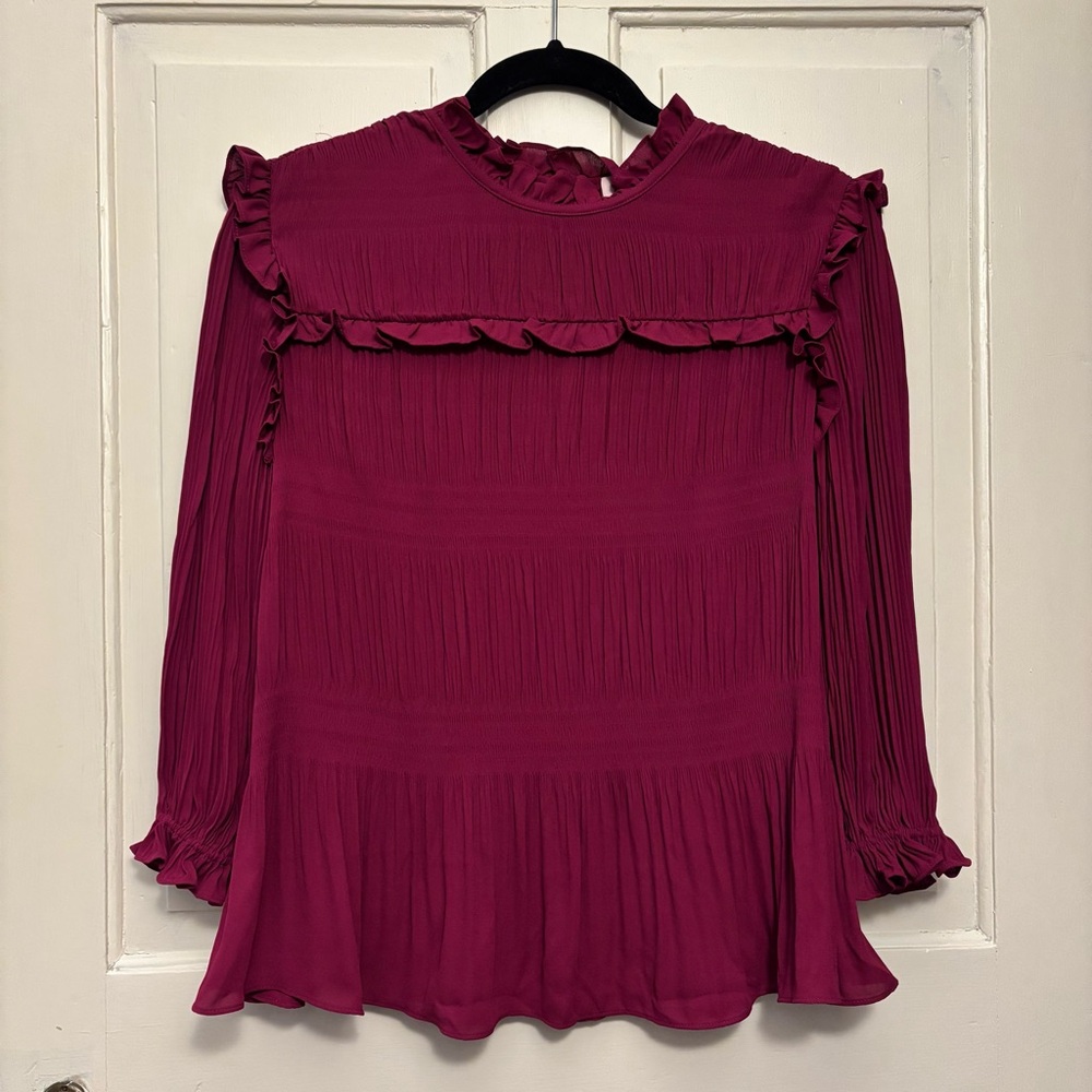Ted Baker Burgundy Pleated Ruffle Long Sleeve Blouse, size 0